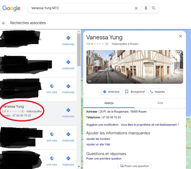 Fausse page google maps de Vanessa Yung médecine chinoise
